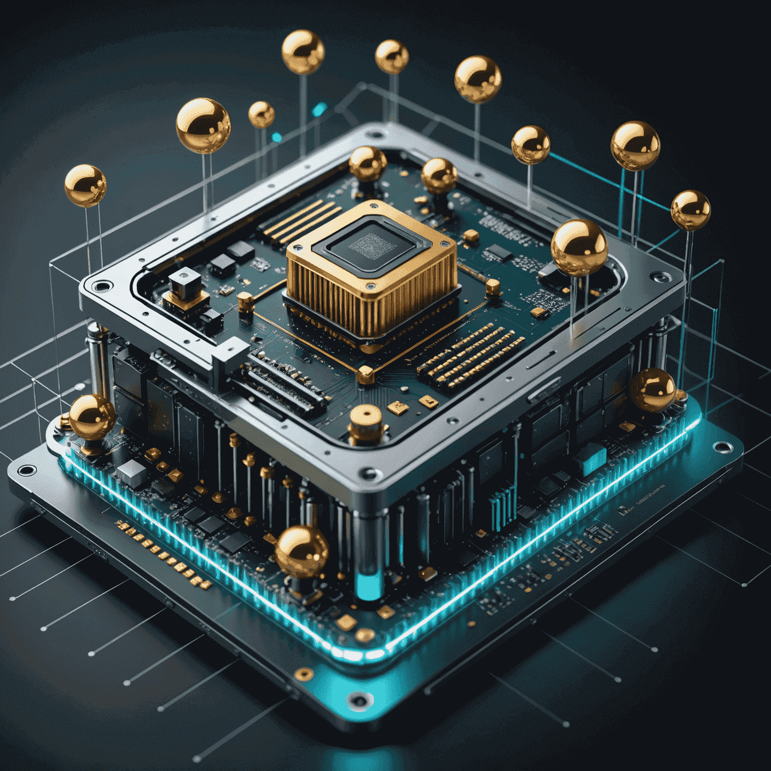 A conceptual illustration of a quantum computer, with a central processing unit surrounded by qubits represented as glowing spheres.