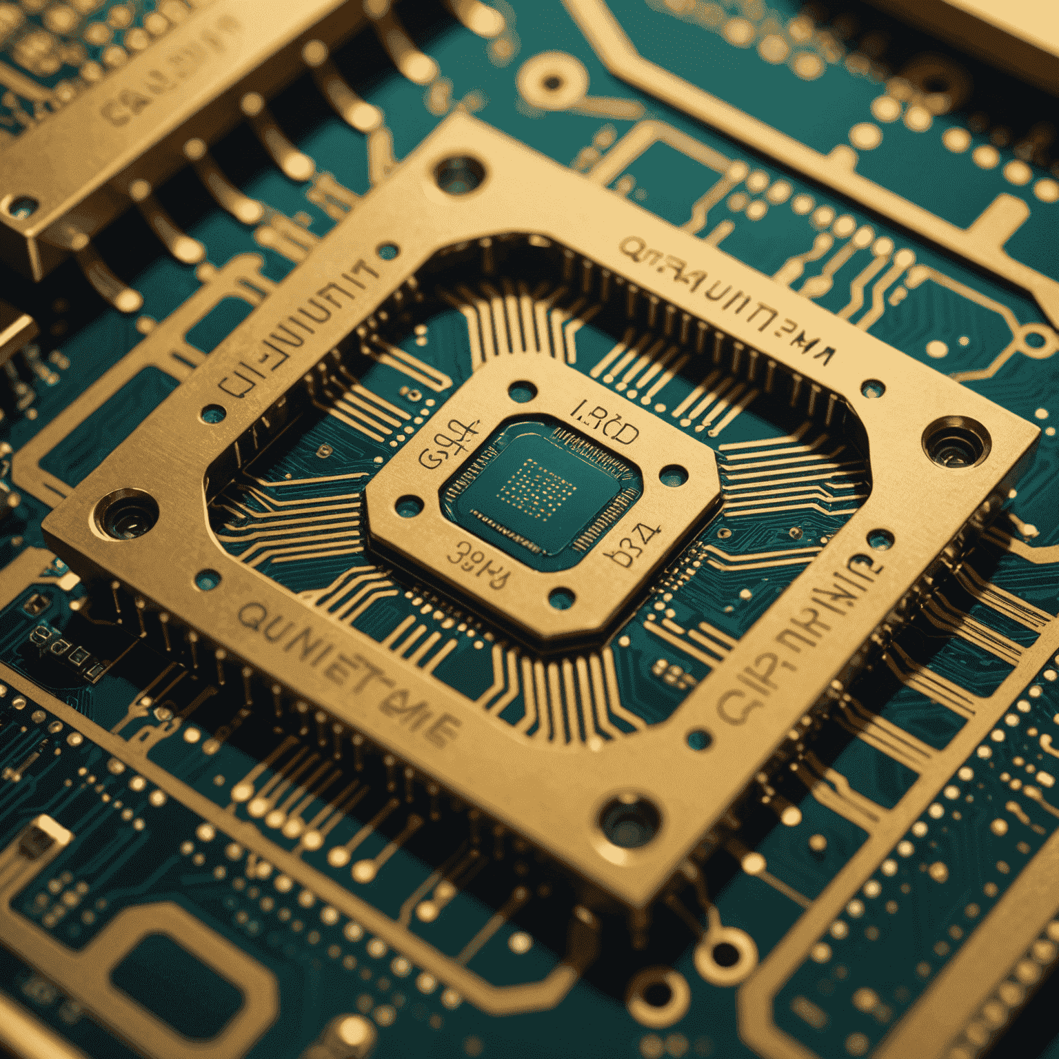 Close-up of a gold-colored quantum computer chip with intricate circuitry, symbolizing the cutting-edge technology being developed in the UK quantum computing industry.