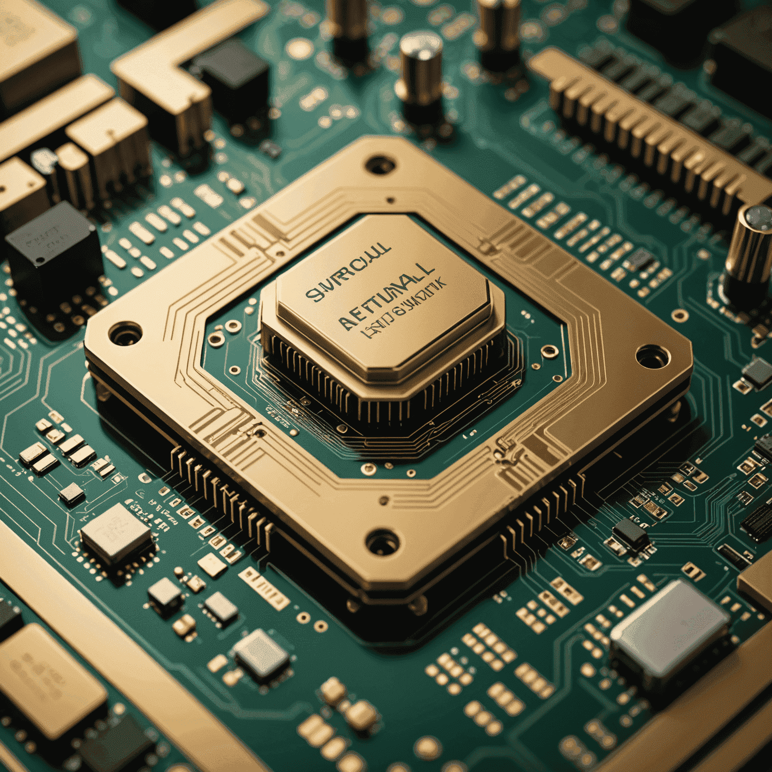 A gold-colored circuit board with a futuristic AI chip, symbolizing the transformative power of artificial intelligence and machine learning in various UK industries