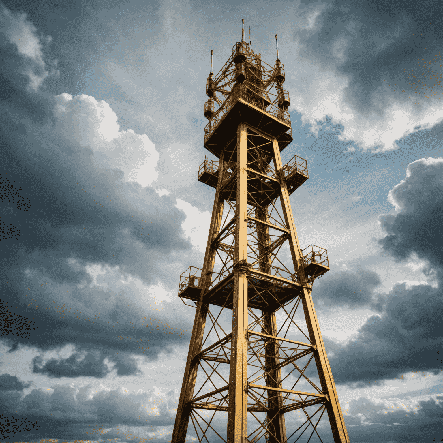 A gold-colored 5G network tower standing tall against a cloudy sky in London, symbolizing the revolutionary rollout of 5G technology across the United Kingdom