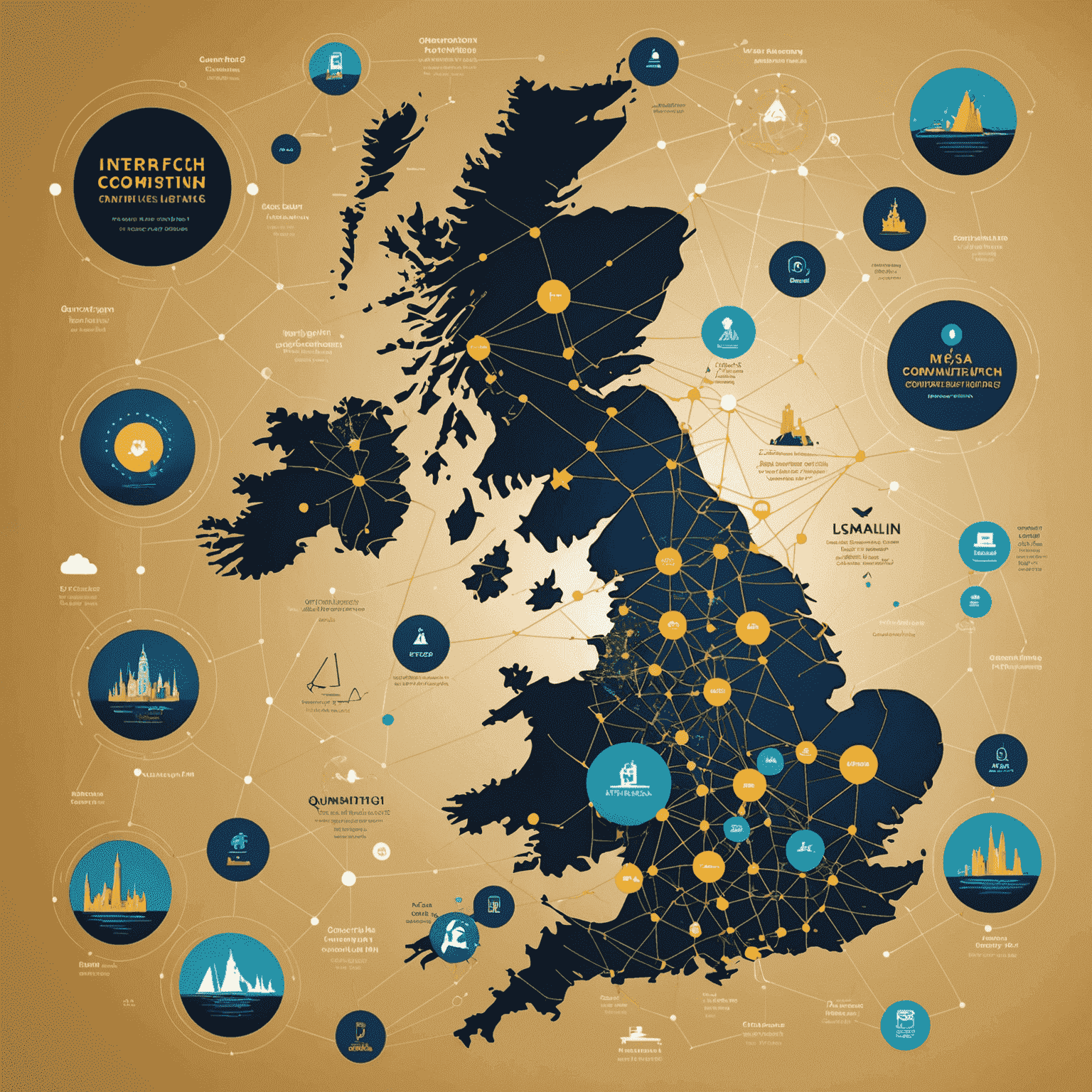 Illustration of the vibrant UK startup ecosystem, with interconnected nodes representing various industries such as fintech, healthtech, AI, and quantum computing, all centered around a gold-colored UK map