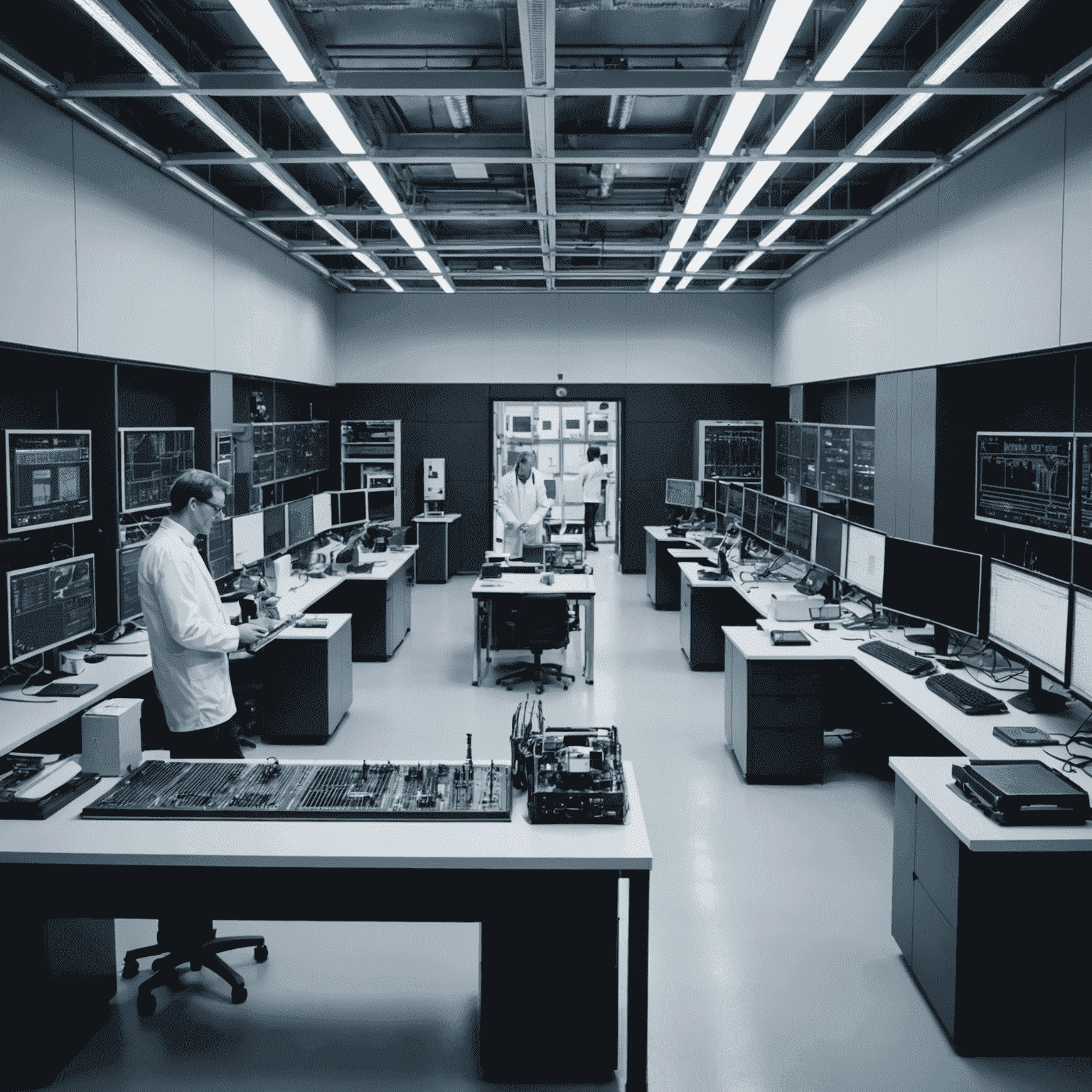 Interior of a state-of-the-art quantum computing research laboratory in the UK, with scientists working on advanced quantum hardware and software.