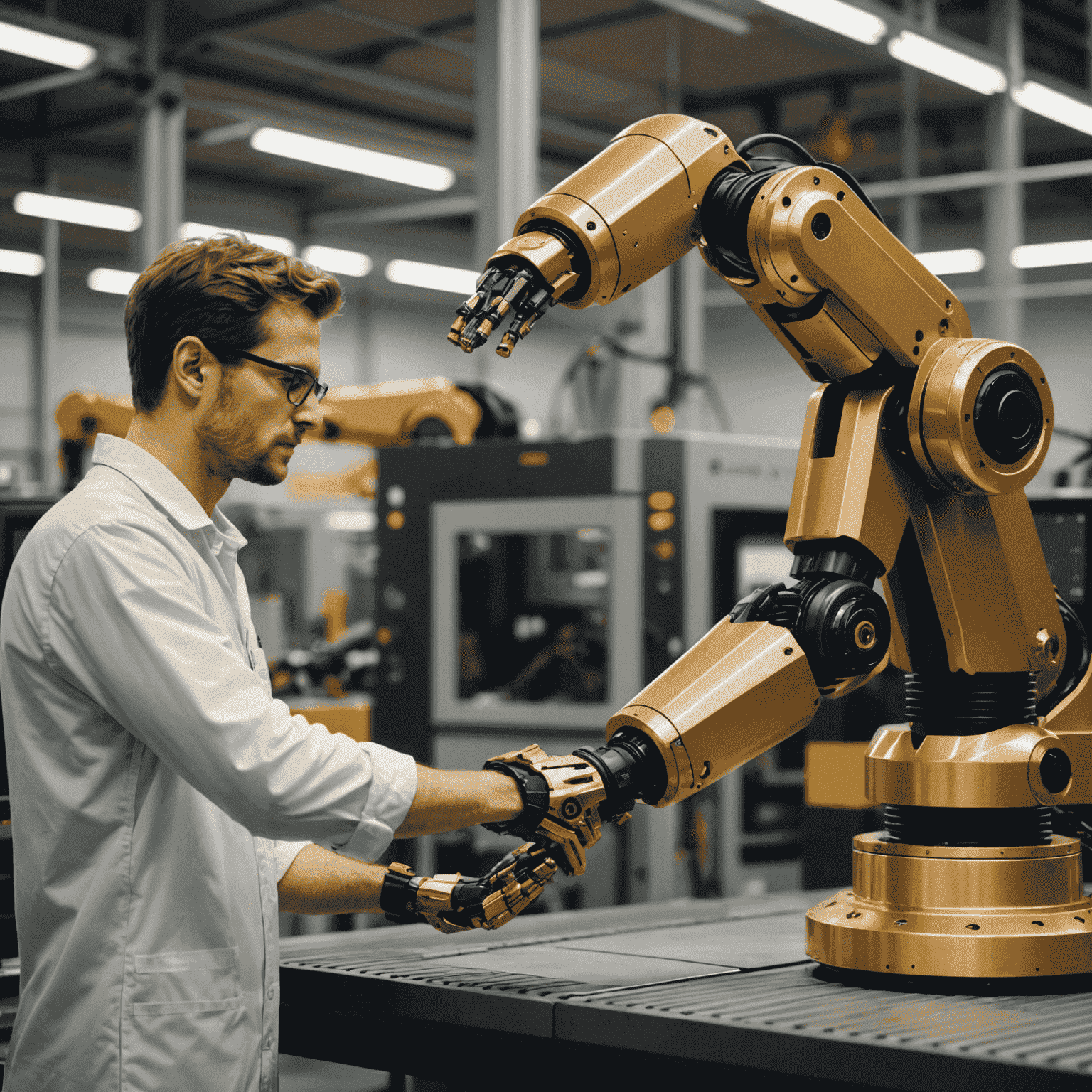 A gold-colored robotic arm working alongside a human worker in a high-tech manufacturing facility, showcasing the collaborative potential of AI and ML in UK industries