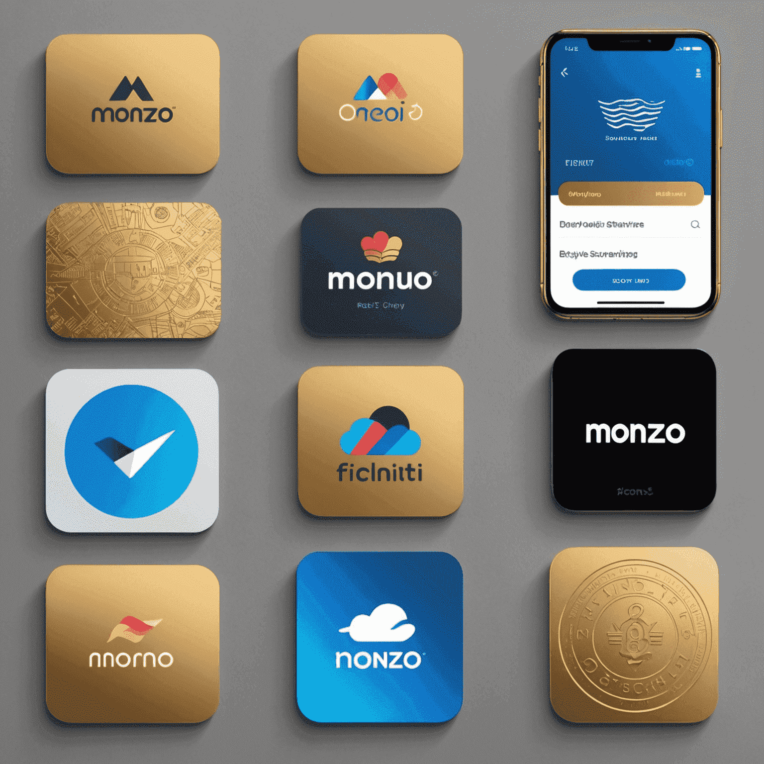 Collage of logos and app screenshots from leading UK fintech startups like Revolut, Monzo, and Starling Bank, set against a gold and grey background