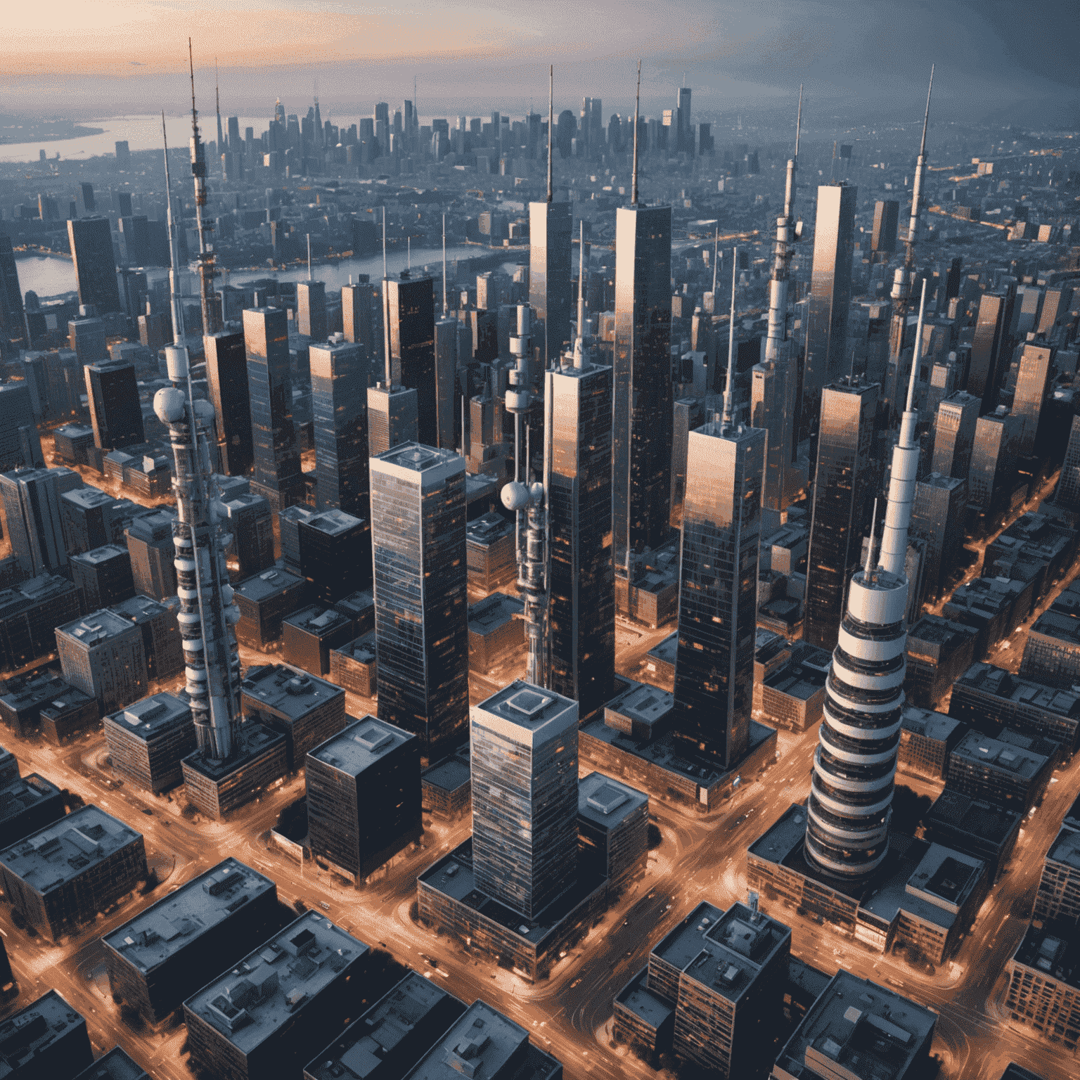 A cityscape with 5G cell towers and antennas, enabling high-speed wireless connectivity for various devices and applications.