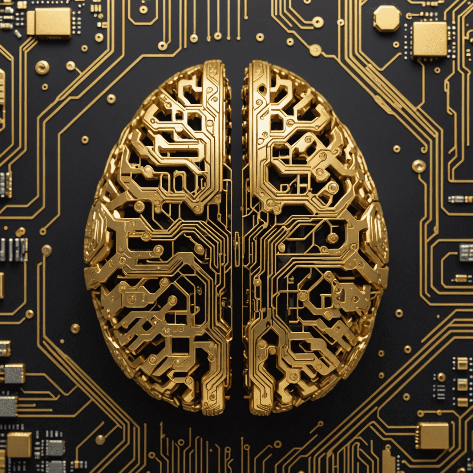 A gold-colored brain with circuit board patterns, representing the fusion of human intelligence and artificial intelligence in driving innovation across UK industries